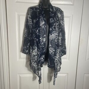 Anis A Floral Sheer Kimono Women M Blue White Open Front Boho Flowy Fairycore